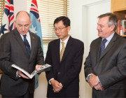 L-R, Assistant Minister for Defence Stuart Robert, Mr Tan Peng Yam, the Chief Executive of Singapore’s Defence Science and Technology Agency and Chief Defence Scientist, Dr Alex Zelinsky at Parliament House, Canberra. 