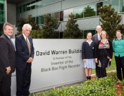 (L-R) Chief Defence Scientist Dr Alex Zelinski, Executive Director of Canberra Airport Group Terry Snow, Eve Cogan, Assistant Minister for Defence Stuart Robert, Jenny Warren and Stuart Brook