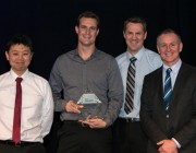 Three of the developers of the Digital Video Guard, (L-R) John Shield, Mark Beaumont and Brad Hopkins, with SA Premier Jay Weatherill.