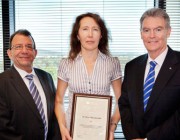 Acting Chief Defence Scientist Dr Warren Harch, Dr Elena Mazourenko and Secretary of Defence Mr Duncan Lewis.