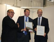 Ian Honnery, Airshow Chief Executive, James Waldie of BAE Systems Australia and Geoff Hugo of DST during the awards ceremony at the Avalon Airshow on Wednesday 2 March 2017. Ian Honnery, Airshow Chief Executive, James Waldie of BAE Systems Australia and Geoff Hugo of DST.
