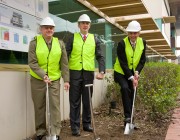 Assistant Minister for Defence, Stuart Robert (centre) with Brigadier Darren Naumann and Dr Simon Oldfield during the sod turning ceremony at Fishermans Bend.
