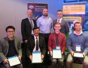Front row (L-R): Students Vincent Bachtier, Samiul Amin, Ben Steer and Kyle Hardman. Back row (L-R) Dr Graham Morton (UNSW), Dr Todd Mansell (DST Group) and Glenn Frankish (Lockheed Martin).