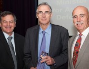 A photo of Chief Defence Scientist, Dr Alex Zelinsky, award recipient, Dr Doug Cato and Minister for Defence Science and Personnel, Mr Warren Snowdon.