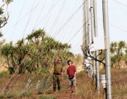 High frequency surface wave radar An image of two scientists in the outback examining a radar technology rig.
