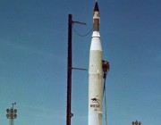 A photograph of the WRESAT rocket ready for launch