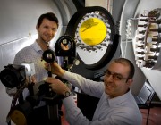 Schlieren System Mirrors in the Transonic Wind Tunnel with DST Group scientists Matteo Giacobello and Peter Manovski. 