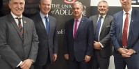 A group shot of Pictured L-R: Prof Michael Webb, Director of Defence and Security (University of Adelaide), Minister Pyne, Chancellor Scarce, Dr Zelinsky and Prof Mike Brooks, Interim Vice-Chancellor