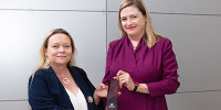 Professor Tanya Monro (right) with Dr Sylvie Perreau, who received the 2020 Minister’s Award for Achievement in Defence Science.
