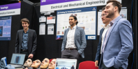 Final-year engineering students (L-R): Michael, Fouad, Sebastian and Luke present their 3D mask fabrication system at Ingenuity 2023.