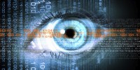 A futuristic picture of an eye with various digital 0s and 1s in the background
