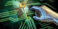 Image of a human hand reaching for a key within a computer generated environment