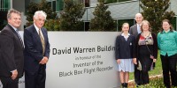 (L-R) Chief Defence Scientist Dr Alex Zelinski, Executive Director of Canberra Airport Group Terry Snow, Eve Cogan, Assistant Minister for Defence Stuart Robert, Jenny Warren and Stuart Brook