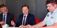 Strategic Alliance signing between DST Group and QinetiQ. (L-R) Chief Defence Scientist Dr Alex Zelinksy, Greg Barsby, Managing Director, Qinetiq and WGCDR Ben Main, Air Force (DGTA).