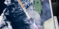HMAS Darwin conducts a Nulka Active Missile Decoy firing in the Eastern Australian Exercise Area, as part of pre-deployment checks during the ships Mission Readiness Evaluation. 