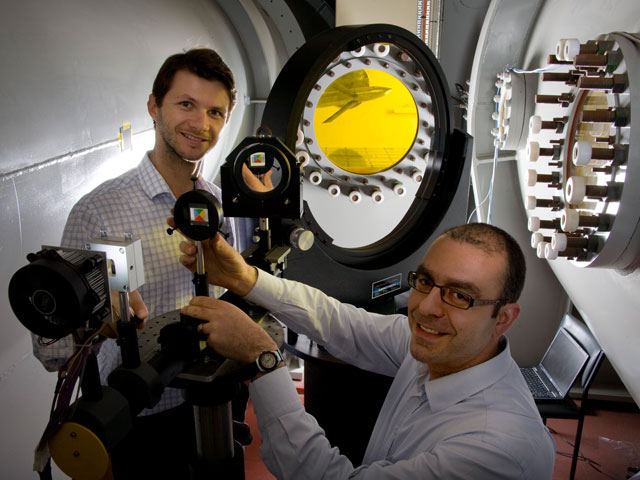 Schlieren System Mirrors in the Transonic Wind Tunnel with DST Group scientists Matteo Giacobello and Peter Manovski. 